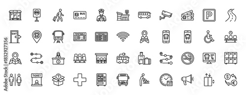 Public transport line icon set. Vector pictograms of bus, timetable, ticket, station, and passenger, thin linear illustration.