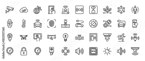 Internet of things line icon set. vector pictograms of sensors, smart home, security, electric car, and connected devices, thin linear illustration.