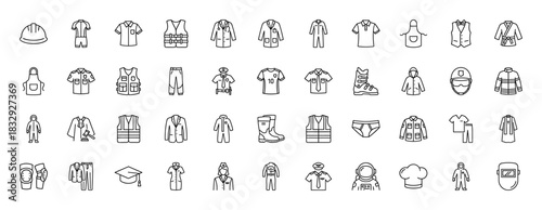 Professional uniforms and protective workwear line icon set. Vector pictograms of police, doctor, chef, astronaut, and firefigher apparel, thin linear illustration.