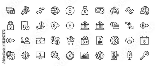 Finance line icon set. vector pictograms of dollar signs, credit cards, wallet, bank, bitcoin, and charts, thin linear illustration.