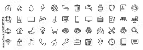Utilities and smart home line icon set. Vector pictograms of electricity, water, gas, calendar, and security, thin linear illustration.