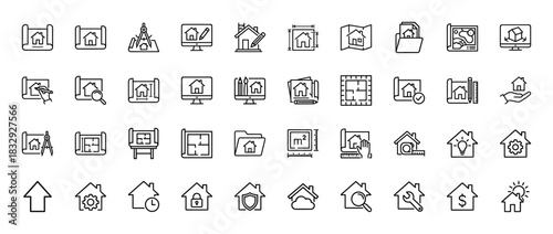 Architecture and home planning line icon set. Vector pictograms of blueprint, house model, measurement, and construction tools, thin linear illustration.