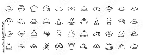 Hats and headwear line icon set. Vector pictograms of various caps, bonnets, helmets, and professional hats, thin linear illustration.