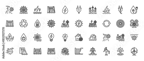 Renewable energy line icon set. Vector pictograms of hydropower, solar, wind turbine, and water power, thin linear illustration.