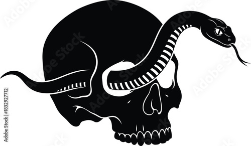 Black and White Skull and Coiled Snake Graphic Vector Illustration Monochrome Tattoo Art