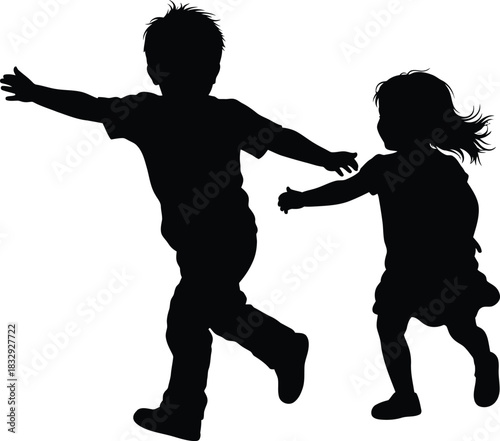 Black silhouette of two children a boy and a girl running or playing with outstretched arms vector graphic