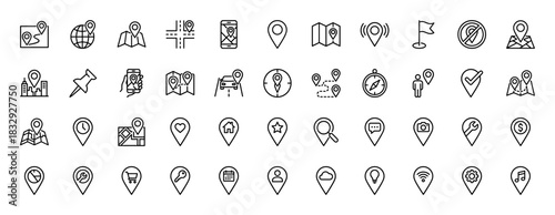 Location and navigation line icon set. Vector pictograms of map pins, route paths, car navigation, and compasses, thin linear illustration.