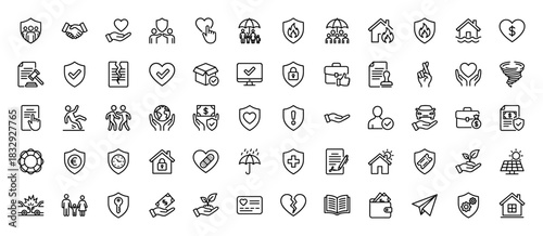 Insurance and protection line icon set. Vector pictograms of shield, house, car, umbrella, and hand, thin linear illustration.