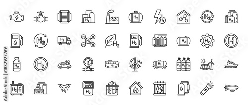 Energy and hydrogen technology line icon set. Vector pictograms of fuel cell, car, engine, station, storage tank, and generator, thin linear illustration.