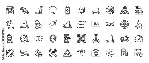 Electric scooter and motorbike sharing line icon set. Vector pictograms of rental, charging, delivery, and safety items, thin linear illustration.