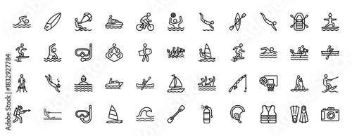 Water sports line icon set. Vector pictograms of swimming, diving, surfing, kayaking, sailing, and water polo, thin linear illustration.