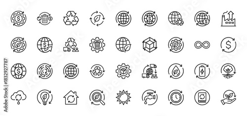 Circular economy line icon set. Vector pictograms of recycling, renewable energy, waste management, and sustainability, thin linear illustration.