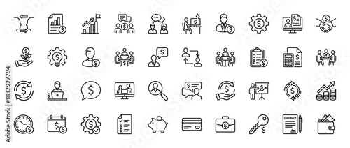 Finance and business line icon set. vector pictograms of dollar, contract, gear, briefcase, and calendar, thin linear illustration.