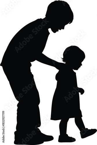 Black silhouette vector of an older boy comforting a younger child sibling interaction and care on white