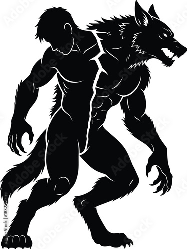 Dynamic Werewolf Transformation Silhouette Vector Black and White Graphic of Man Turning into Lycanthrope