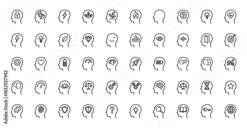 Mental health and human mind line icon set. Vector pictograms of brain, gears, lightbulb, heart, puzzle, lock, battery, target, thin linear illustration.