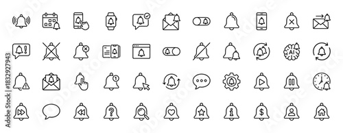 Technology and communication line icon set. Vector pictograms of bell, notification, alert, toggle, reminder, and chat, thin linear illustration.
