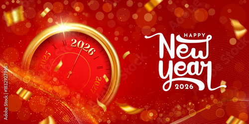 happy new year 2026 creative abstract red bokeh background with golden clock