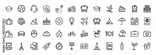 Travel and tourism line icon set. Vector pictograms of transportation, accommodation, destination, and activity symbols, thin linear illustration.