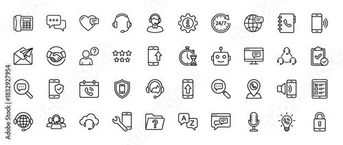 Customer service line icon set. Vector pictograms of headset, operator, telephone, chat, 24/7 clock, chatbot and technical assistance, thin linear illustration.