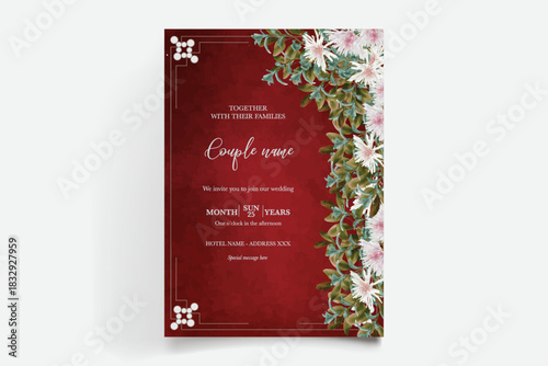 WEDDING INVITATION FRAME WITH FLOWER DECORATIONS AND FRESH LEAVES