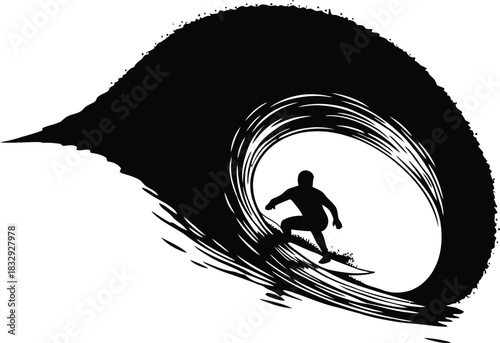 Black and white vector silhouette of a surfer riding a large curling ocean wave barrel tube ride in abstract dynamic style