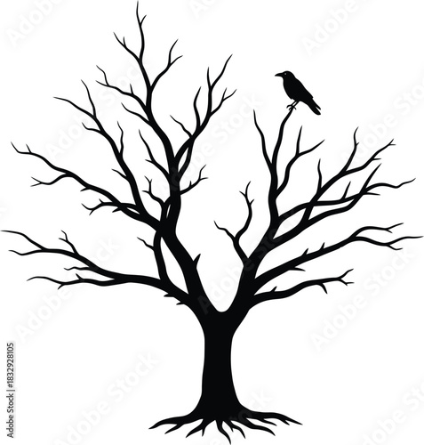 Black Silhouette Vector of Bare Spooky Tree with Crow Perched on Branch Halloween and Gothic Graphic Design Element