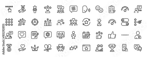 Feedback and rating outline icon set. vector pictograms of customer satisfaction, review stars, like, dislike, medal, and calendar, thin linear illustration.