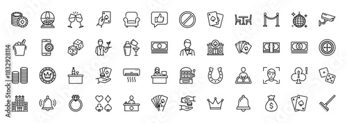 Casino and gambling line icon set. Vector pictograms of playing cards, dice, roulette, slot machine, and security elements, thin linear illustration.