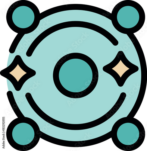 Stylized illustration of planets orbiting a sun, with stars and moons, representing solar system and astronomy concepts