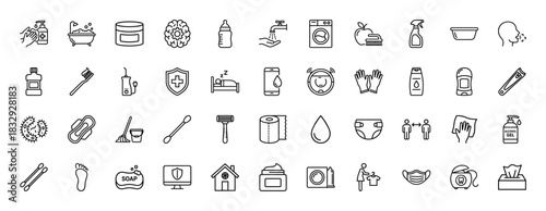 Hygiene and health line icon set. Vector pictograms of toothbrush, soap, cotton swab, thermometer, and tissue, thin linear illustration.