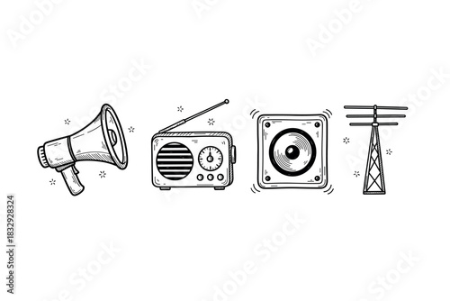 Vintage communication icons: megaphone, radio, speaker, antenna - retro black and white sketches