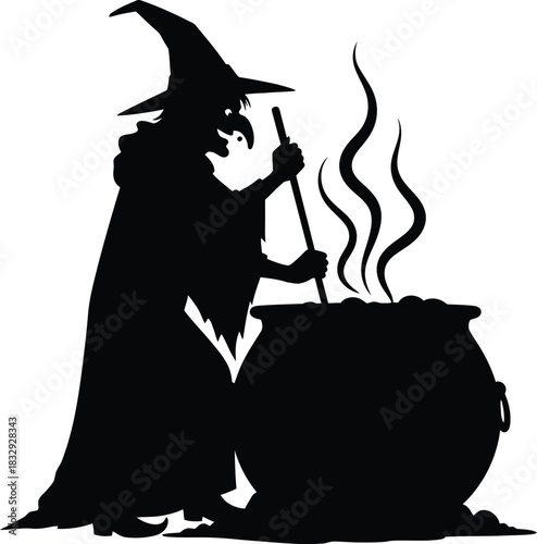 Black Silhouette of Halloween Witch Stirring Magic Potion in Cauldron