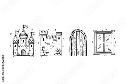 Medieval castle and fortress icons with door and window in black and white