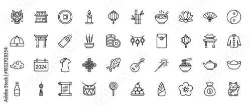 Lunar new year and chinese tradition line icon set. vector pictograms of dragon, lantern, coin, firecracker, knot, and pagoda, thin linear illustration.