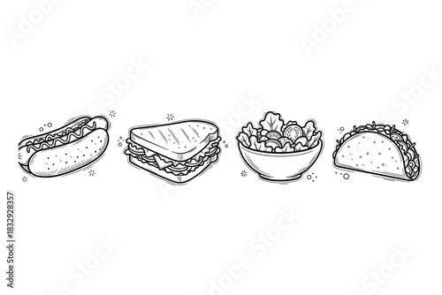 Black and white sketch of hotdog, sandwich, salad, and taco