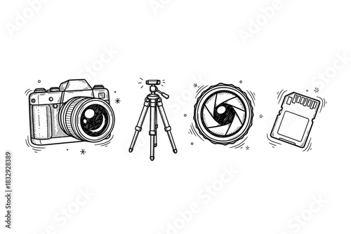 Hand-drawn camera gear set: vintage camera, tripod, lens, sd card