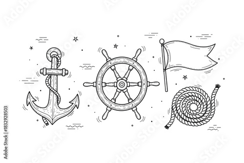 Nautical elements anchor wheel flag rope in vintage style illustration