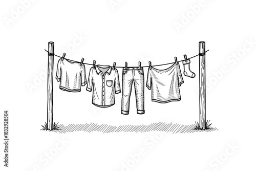 Line drawing of clothes drying on a line with shirts, pants, and socks