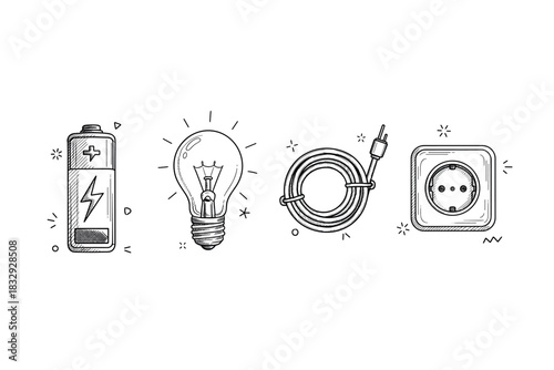 Hand-drawn battery, light bulb, cable, and socket sketch