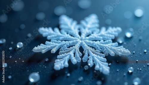 A large, intricate snowflake resting on a dark, wet surface with water droplets surrounding it.