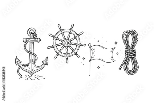 Nautical symbols: anchor, ship wheel, flag, and rope illustrations