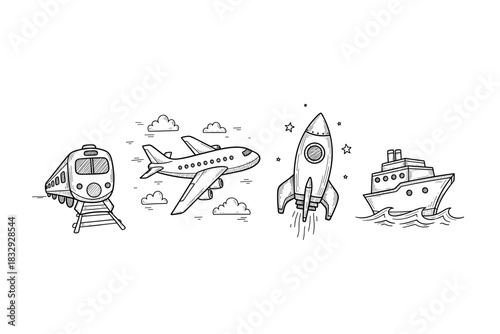 Hand-drawn illustrations of train, airplane, rocket, and ship in black and white
