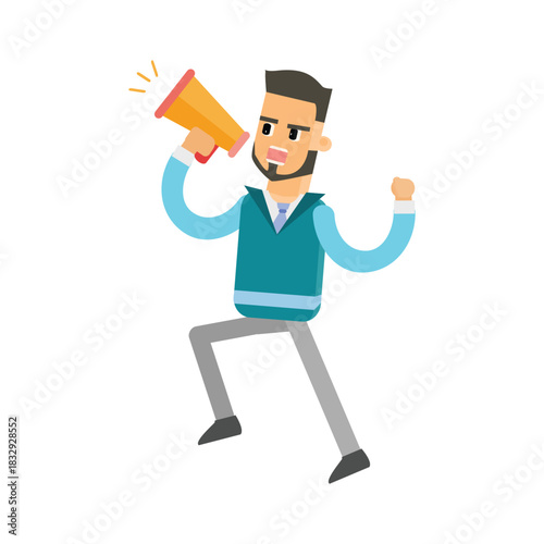 Man shouting loudly into a megaphone to make an announcement or promotion