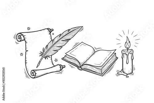 Quill with scroll and open book near candle: vintage writing tools illustration