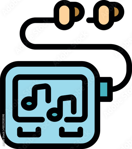 Portable music player displaying musical notes on screen, connected to earphones, playing audio