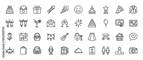 Party and celebration line icon set. Vector pictograms of gift, cake, cocktail, camera, and calendar, thin linear illustration.