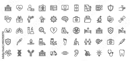 Medical and healthcare line icon set. Vector pictograms of hospital, heart, syringe, pills, and dna, thin linear illustration.