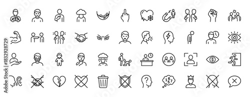Human behavior and emotions line icon set. Vector pictograms of anger, aggression, relaxation, exclusion, and attention, thin linear illustration.