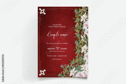 WEDDING INVITATION FRAME WITH FLOWER DECORATIONS AND FRESH LEAVES